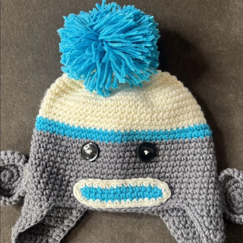Daisy Baby Kids Sock Monkey Beanie Hat Gray with Blue Pom 8-12 Photography NEW